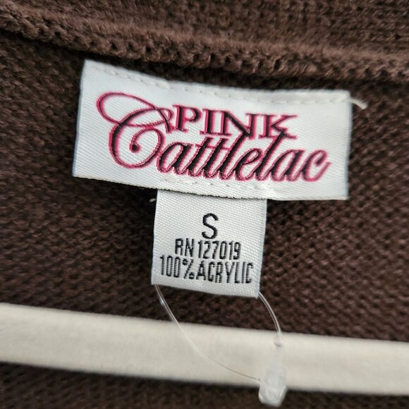 Pink Cattlelac Women Brown Open Long Sleeve Belted Western Cardigan Sweater sz S - Picture 10 of 10